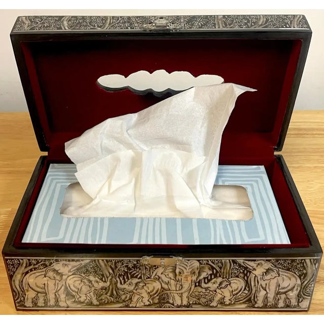 Textile Mid 20th Century Mother of Pearl Inlaid Lacquer Elephant Motif Tissue Box For Sale - Image 7 of 12