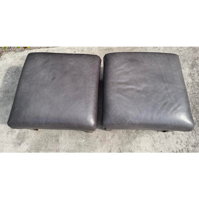 Gray King Hickory Gray Leather Nailhead Ottomans, a Pair For Sale - Image 8 of 12