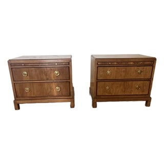 Pair of 1970s Drexel Heritage Hollywood Regency Burlwood & Brass Nightstands For Sale