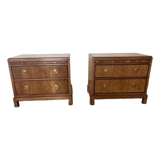 Pair of 1970s Drexel Heritage Hollywood Regency Burlwood & Brass Nightstands For Sale