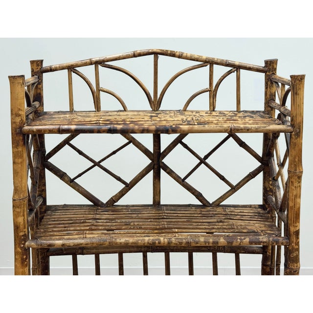 Wood Vintage Four Tier Scorched Bamboo Etagere Shelf For Sale - Image 7 of 8