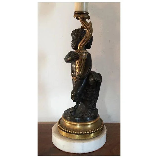 Antique 19th Century Neoclassical French Patinated & Gilt Bronze Satyr or Putti Cherub Desk Table Lamp on White Marble Base For Sale - Image 4 of 9