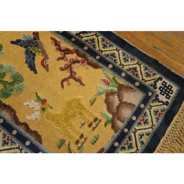 Goldenrod 1930s Yellow Gold Scene Figural Antique Chinese Silk & Metallic Thread Rug 2'7" X 4'2" Wool Knotted Carpet For Sale - Image 8 of 12