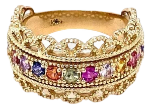 1.00 Carat Multi Color Sapphire Yellow Gold Cocktail Band, Ring Size 7