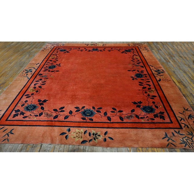 Textile 1920s Coral Open Field Antique Chinese Art Deco Square Knotted Pile Floral Rug For Sale - Image 7 of 10
