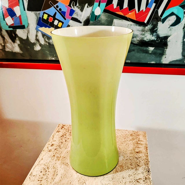 Vintage Jacketed Vase in Murano Glass. Green with White lining inside 1970s, made in Italy, Excellent condition. Measures:...