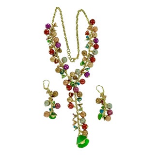 52 Gm 18 Karat Multi-Color Enamel Gold Necklace and Earring Suite Bridal Set For Sale