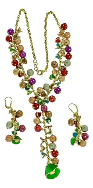52 Gm 18 Karat Multi-Color Enamel Gold Necklace and Earring Suite Bridal Set
