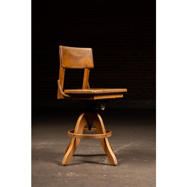 Industrial Antique Adjustable Wooden Swivel Drafting Stool For Sale - Image 3 of 6