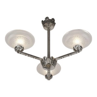 Muller Freres French Art Deco 3-Arm Chandelier 1930s - Volute Frosted Glass For Sale