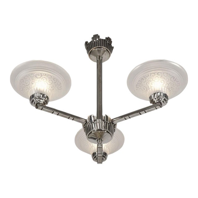 Muller Freres French Art Deco 3-Arm Chandelier 1930s - Volute Frosted Glass For Sale