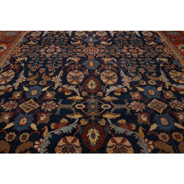 Blue 1880s Antique Floral Persian Sultanabad Wool Rug in Dark Blue For Sale - Image 8 of 12