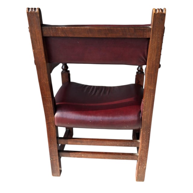 Wood Rare Antique Spanish Revival / Gothic Oak Armchair in Oxblood Leather & Bronze Accents For Sale - Image 7 of 12