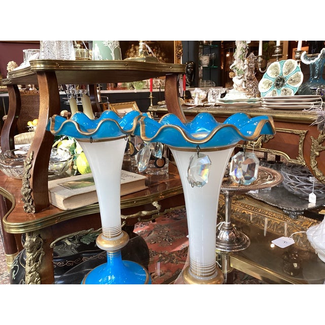 French Blue and White Opaline Glass Vases, Pair For Sale - Image 4 of 8