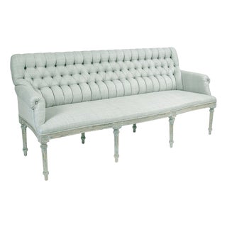 Wendy Tufted Settee Bench - Seafoam Linen / Distressed Gray Painted Frame For Sale