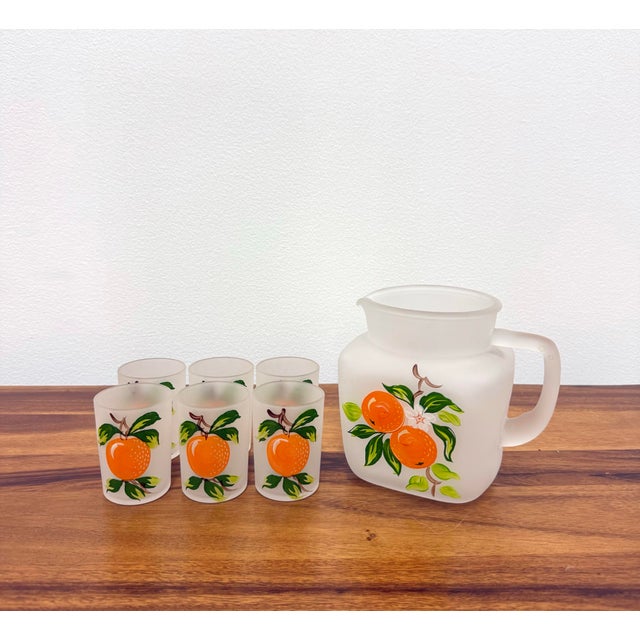 Vintage Frosted Glass Orange Juice Pitcher & Tumbler Set of 6 For Sale - Image 4 of 6