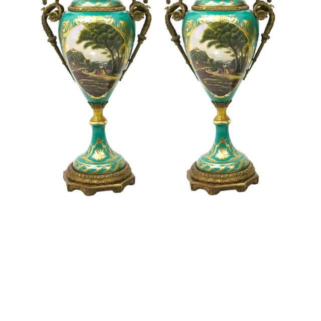Ceramic Pair of Large / Impressive 19th Century French Ormolu Mounted Sèvres Porcelain Urns For Sale - Image 7 of 13