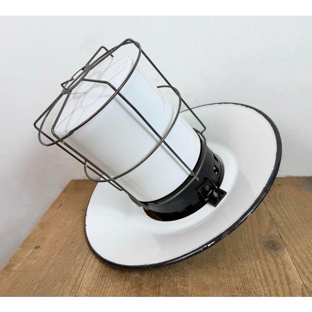 Industrial Grey Enamel, Glass, and Iron Cage Pendant Lamp from Elektrosvit, 1960s For Sale - Image 12 of 16