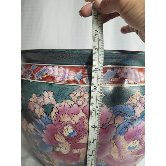 Late 20th Century Vintage English Traditional Floral Jardinière | 17" Statement Vessel With Teal, Pink, Blue & Gold For Sale - Image 5 of 9