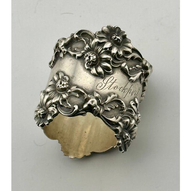 Outstanding Large Antique Fancy Art Nouveau Flower Design Sterling Silver Napkin Ring Dated 1903 For Sale In Boston - Image 6 of 18