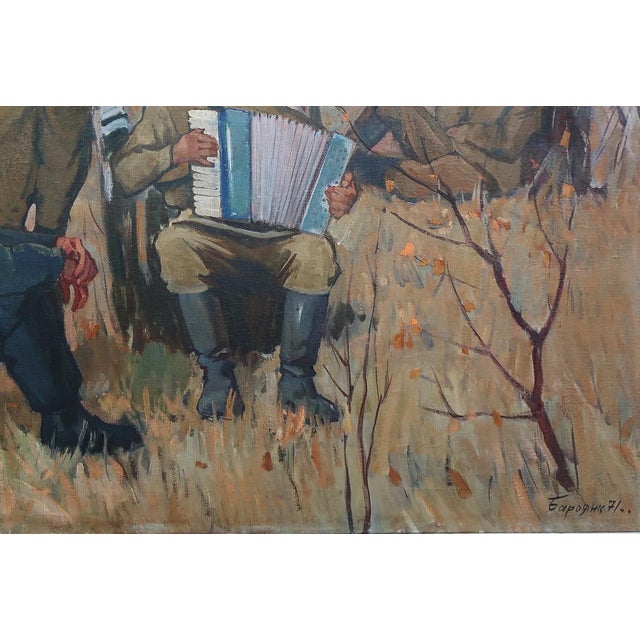 1970s Original Soviet Art Oil Painting: Soldiers on Vacation, Ukrainian Artist 99-149.5 For Sale - Image 5 of 6