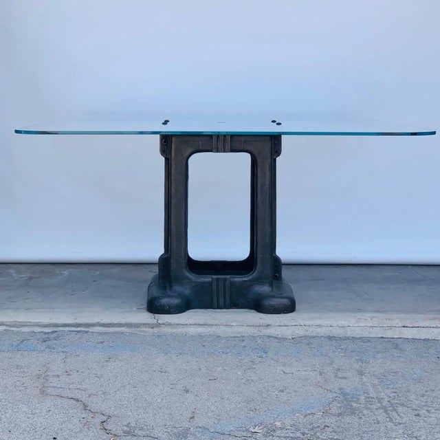 Sculptural cast iron pedestal base and glass Industrial dining / work table. Beautiful patina on the base. Heavy custom...