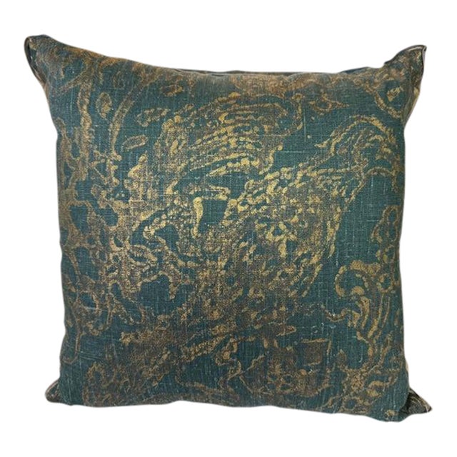Pair of Custom Printed Metallic Linen Pillows W/ Birds For Sale