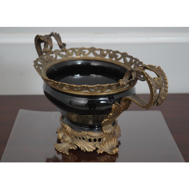 Age: Approx: 25 Years Old Details: French Style Black Porcelain Bowl Quality Detailed Bronze Handle & Base Condition:...