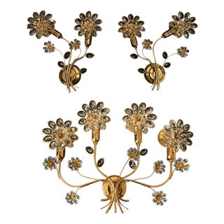 Mid-Century Modern Hollywood Regency Gold-Plated Brass Wall Lamps with Swarovski Crystals from Ernst Palme Palwa, 1960s, Set of 3 For Sale