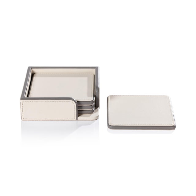 Contemporary Nappa Leather 4-Piece Coaster Set on Tray, Cream & Gray For Sale - Image 3 of 3