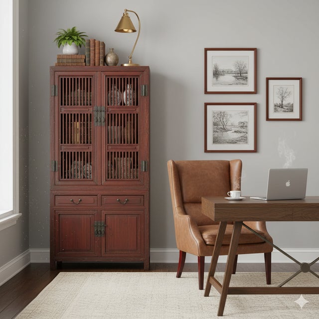 Wood Vintage Brown Oriental Open Bars Doors Display Curio Cabinet Bookcase For Sale - Image 7 of 9