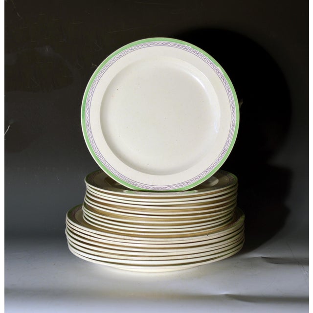 Hicks, Meigh & Co. English Creamware Part Dinner Service with Green and Purple Border, Twenty-One Plates Circa 1822–1835...