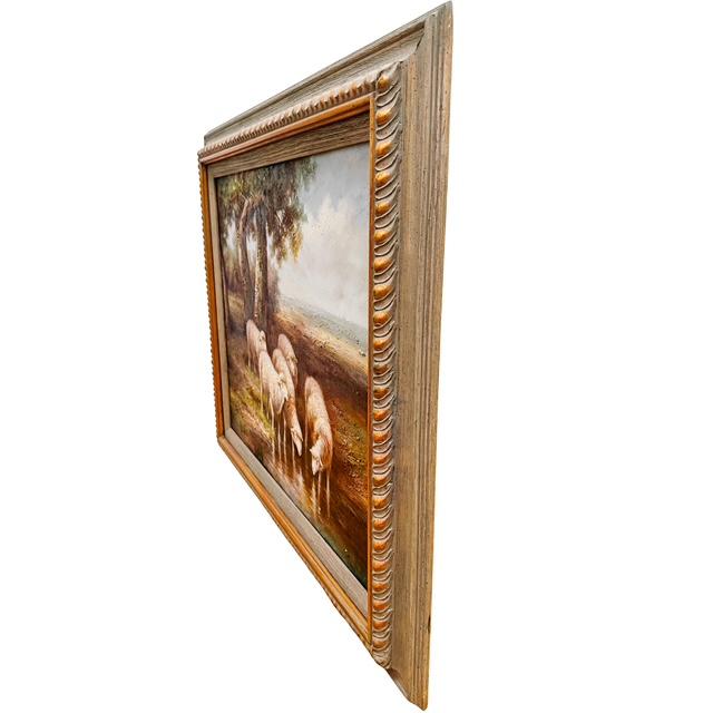 Mid 20th Century Large Framed Pastoral Sheep Landscape Oil-Based Impasto/Acrylic Painting on Canvas – Flock Drinking at Stream For Sale In San Diego - Image 6 of 7