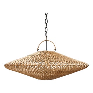 Modern Raw Wicker Discus Pendant Light Small For Sale