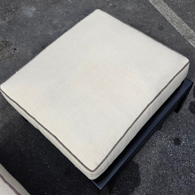Pair of Baker Furniture Black Lacquered Wood Frame Ottomans With Ivory Upholstered Cushions For Sale In Washington DC - Image 6 of 8
