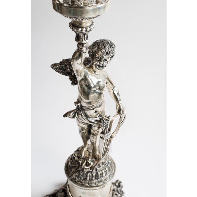 1950s Spanish Empire Silver-Plated Cast Brass Cupid Cherub Lamp With Scavo Flame Shade For Sale - Image 6 of 13