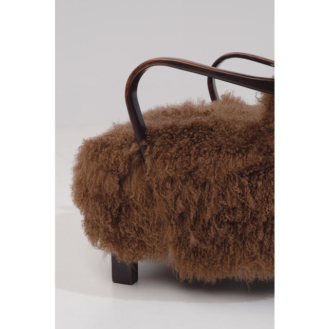 Brown Art Deco Scandinavian Armchairs in Curly Caramel Brown Mongolian Sheepskin, 1950s, Set of 2 For Sale - Image 8 of 11