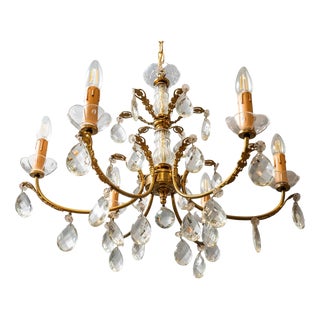 Brass Chandelier with Crystal Trimmings For Sale