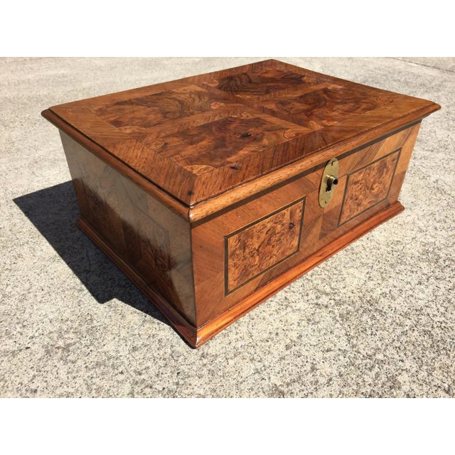 18th Century walnut marquetry box with contrasting dark and light diagonal inlay. Each of the sides including the top...