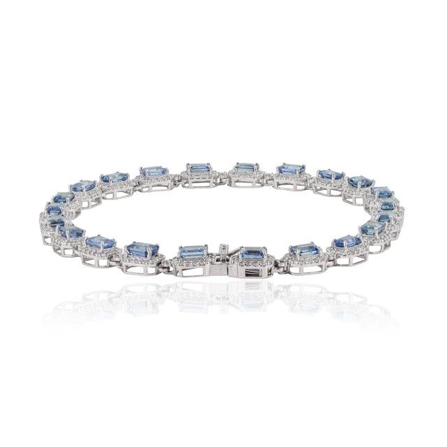 Modern 14k Gold Tennis Bracelet 5.55ct Blue Sapphire & 1.54ct Diamond Halo For Sale - Image 9 of 18