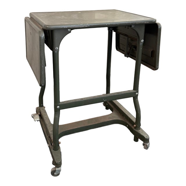 Mid 20th Century Industrial Metal Rolling Typewriter Stand Drop Leaf Table For Sale