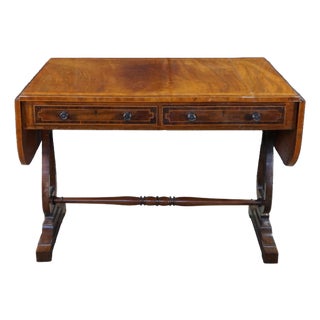 Antique Early 19th C. Regency Flame Mahogany Lyre Base Drop Leaf Sofa Table Desk For Sale