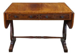 Antique Early 19th C. Regency Flame Mahogany Lyre Base Drop Leaf Sofa Table Desk