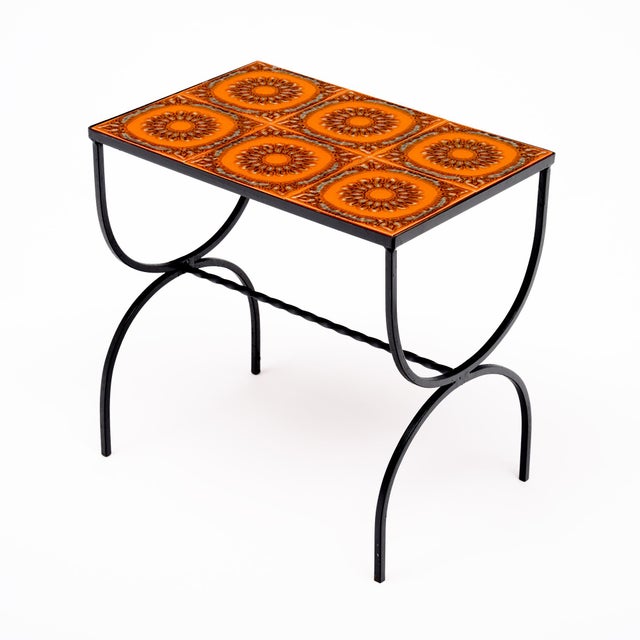 Metal French Mid-Century Orange Ceramic Tile and Wrought Iron Side Table From Vallauris For Sale - Image 7 of 9