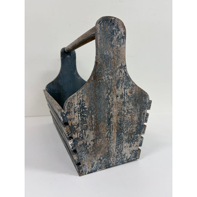 Rustic Vintage Rustic Wooden Slatted Tool Caddy With Handle – Distressed Blue Gray For Sale - Image 3 of 13
