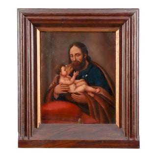 Late 17th Century Dutch School Oil on Canvas Painting of Saint Joseph Holding the Infant Christ Child. For Sale
