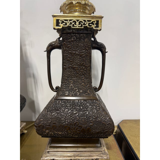 Pair, Aesthetic Movement Style East Asian Bronze Floral-Repoussé Table Lamps For Sale - Image 4 of 10