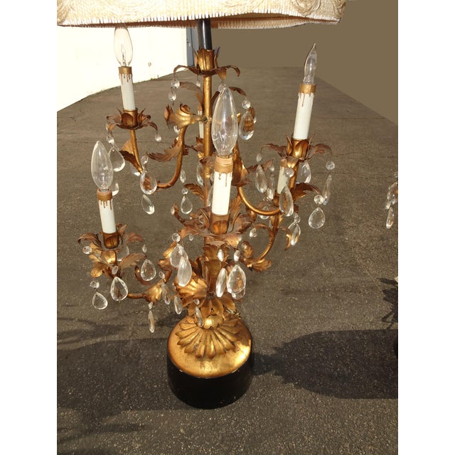 Pair of Tall Mid Century Tole Gold Crystal Table Lamps With Lampshades Chairish