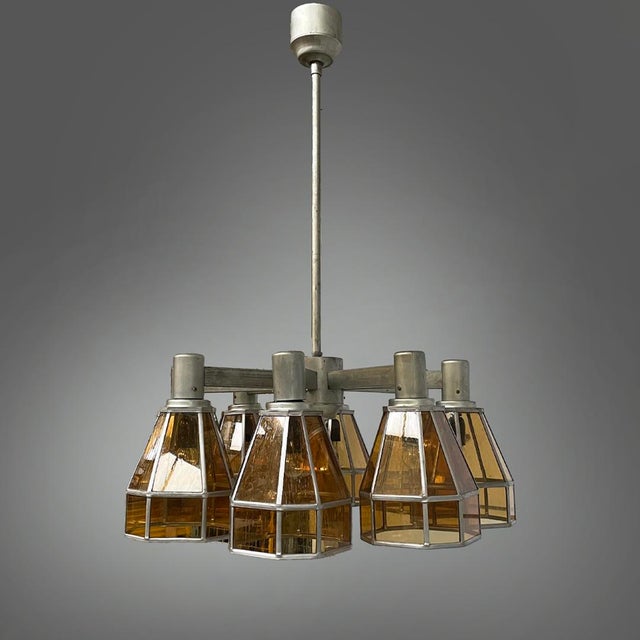 Art Deco German Chandelier in Yellow Glass and Metal, 1930s For Sale - Image 3 of 18