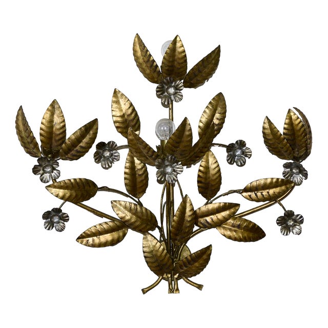 Wrought and Gilded Iron 4-Light Wall Light with Leaves and Flowers For Sale